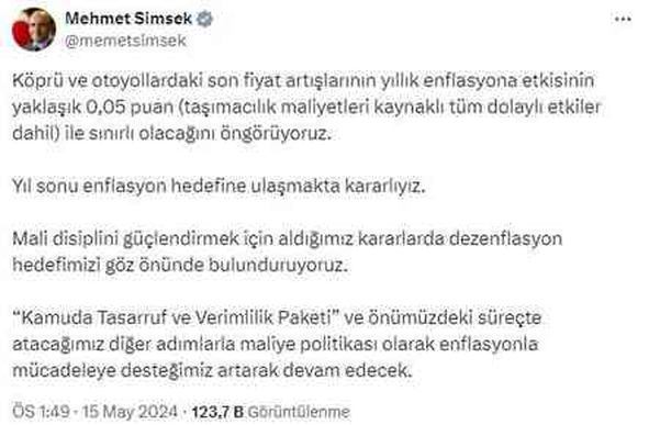 Köprü ve otoyollara yapılan zam enflasyonu nasıl etkiler? Bakan Şimşek'ten açıklama var
