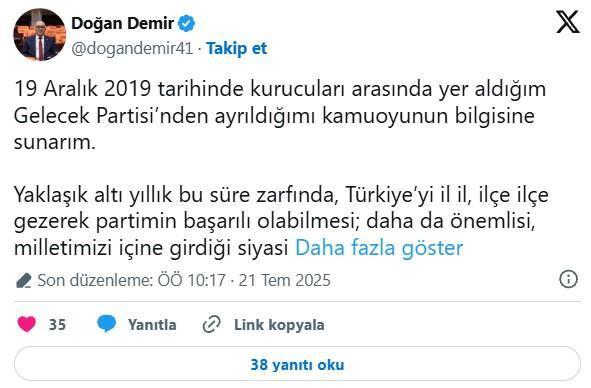 Doğan Demir Gelecek Partisi'nden istifa mı etti, neden? - SON DAKİKA