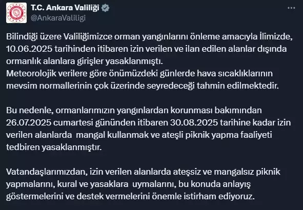 Ankara'da ateşli piknik yapmak yasaklandı