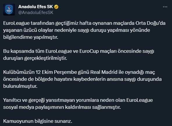 Anadolu Efes'ten 'saygı duruşu' açıklaması: Paylaşımın kaldırılması sağlanmıştır