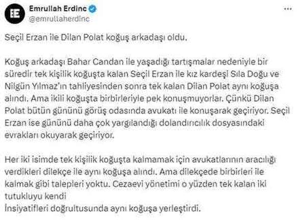 Seçil Erzan ile Dilan Polat, koğuş arkadaşı oldu