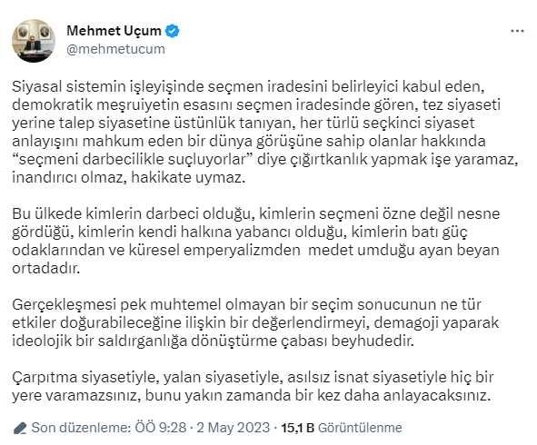 'İktidar değişikliği tam bağımsızlığa darbe olur' diyen Cumhurbaşkanı Başdanışmanı Uçum'dan yeni açıklama