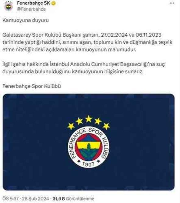 Fenerbahçe'den Galatasaray Başkanı Dursun Özbek hakkında suç duyurusu!