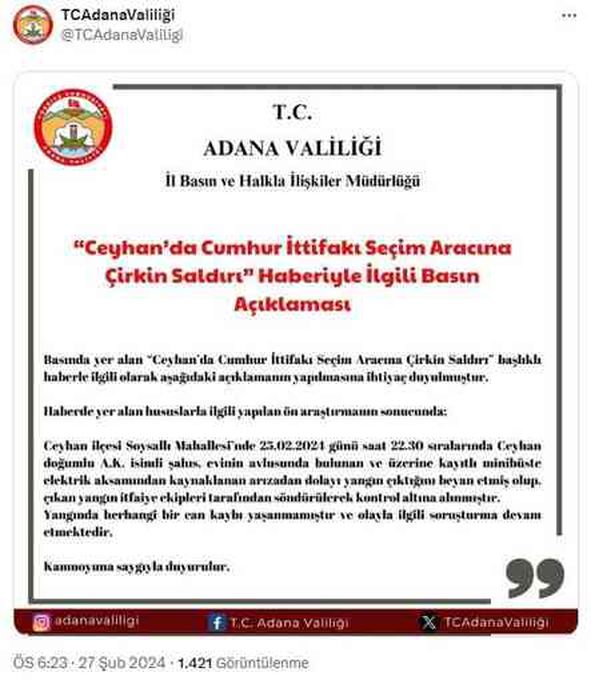 Ceyhan'da Cumhur İttifakı seçim aracına çirkin saldırı