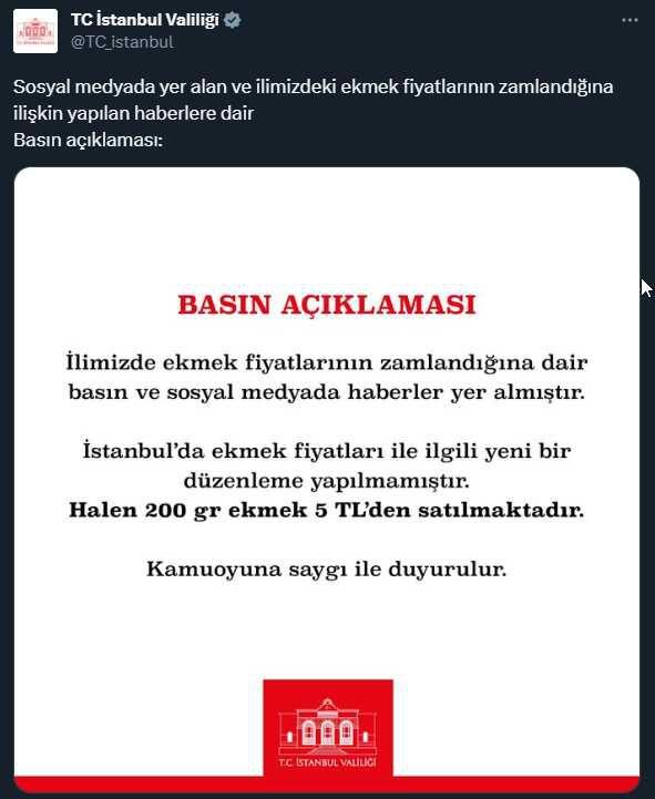 İstanbul Valiliği: Ekmek fiyatları ile ilgili yeni bir düzenleme yapılmamıştır