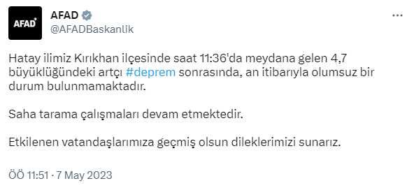 Son Dakika: Hatay'ın Kırıkhan ilçesinde 4.7 büyüklüğünde deprem meydana geldi