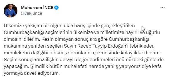 Erdoğan'ı tebrik eden Muharrem İnce, muhalefete çağrı yaptı: Nerede yanlış yaptık diye kafa yorun