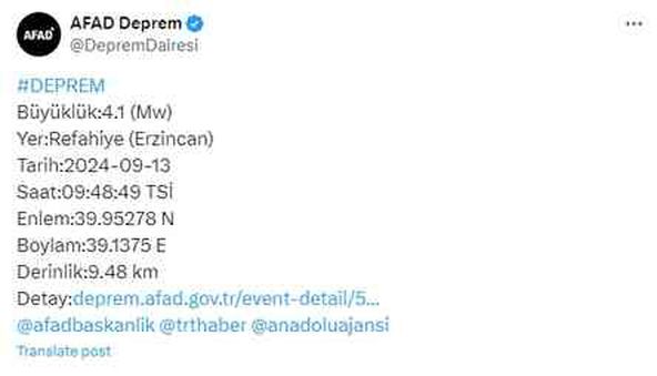 Erzincan'da deprem mi oldu, kaç şiddetinde? 13 Eylül Erzincan'da nerede deprem oldu?