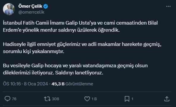 Fatih Camii'nde imama bıçaklı saldırı! Saldırgan gözaltında