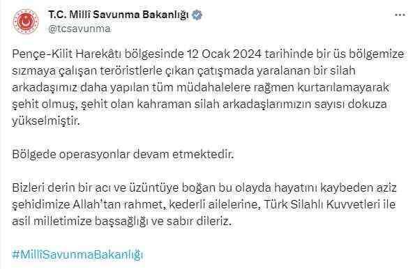 Pençe Kilit Harekatı bölgesinde 9 askerimiz şehit oldu