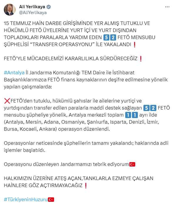 Bakan Yerlikaya duyurdu: 52 FETÖ mensubu 'Transfer Operasyonu' ile yakalandı
