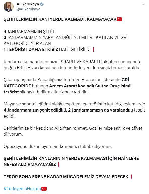 Bitlis'te çıkan çatışmada gri kategoride bulunan terörist etkisiz hale getirildi