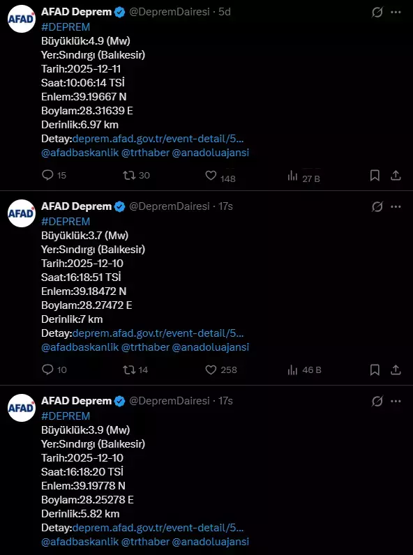 Balıkesir'de 4.9 büyüklüğünde deprem