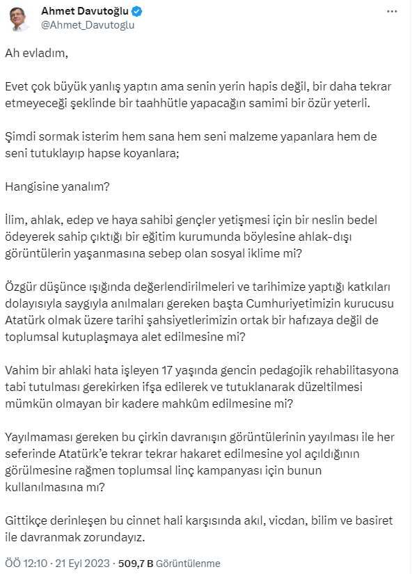 Davutoğlu, Atatürk'ün fotoğrafıyla uygunsuz hareketler yapan gencin tutuklanmasına tepki gösterdi