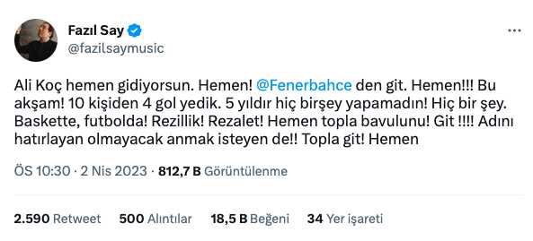 Fazıl Say Ali Koç'a ne dedi? Fazıl Say Fenerbahçe paylaşımı nedir?