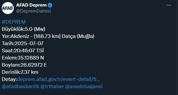 Akdeniz'de 5 büyüklüğünde deprem