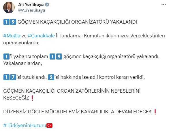 İçişleri Bakanı: 19 Göçmen Kaçakçılığı Organizatörü Yakalandı