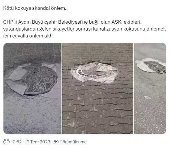 Aydın Büyükşehir Belediyesi'nden tepki çeken çözüm! Kanalizasyon kapaklarını çuvalla kapattılar