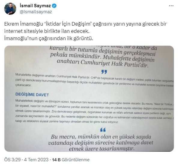 İmamoğlu, 'değişim' çağrısını yarın resmen ilan edecek