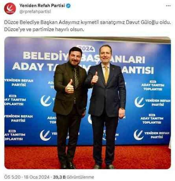 Ünlü şarkıcı Davut Güloğlu, Yeniden Refah Partisi'nden Düzce Belediye Başkan adayı oldu