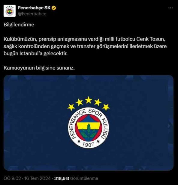 Cenk Tosun Fenerbahçe'de! Cenk Tosun İstanbul'a geldi mi? Sağlık kontrolünden geçti mi?