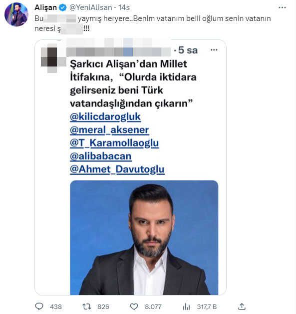 Alişan 'Millet ittifakı kazanırsa, Türk vatandaşlığından beni çıkarın' dediği iddiasına ateş püskürdü
