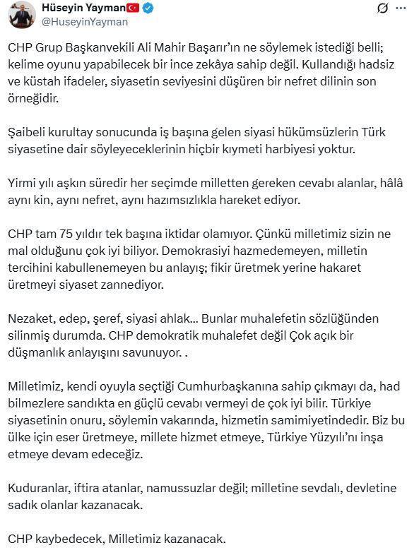 Hüseyin Yayman'dan CHP'li li Mahir Başarır'ın sözlerine sert tepki