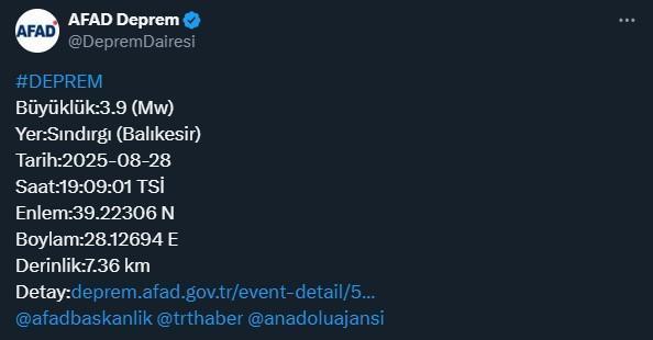 Balıkesir'de bir deprem daha! Büyüklüğü 3.9