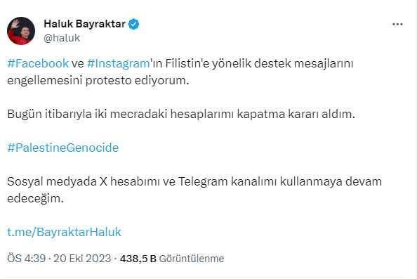 Haluk Bayraktar'dan Facebook ve Instagram'a Filistin tepkisi! Hesaplarını kapattı