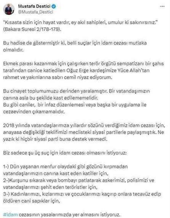 Taksici cinayetine atıfta bulunan Mustafa Destici idam istedi