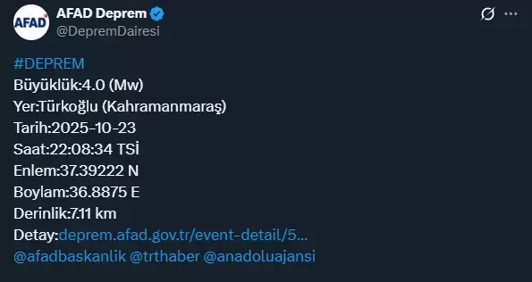 Kahramanmaraş'ta 4 büyüklüğünde deprem