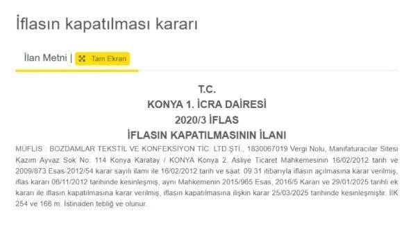 Konya'da Köklü Tekstil Firması Bozdamlar Tekstil İflas Etti