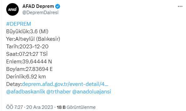 Balıkesir deprem mi oldu? SON DAKİKA! 20 Aralık Balıkesir deprem şiddeti ne?