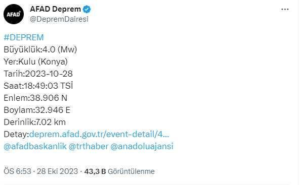 Kulu'da 4 Büyüklüğünde Deprem Meydana Geldi