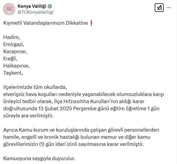 Konya okullar tatil mi SON DAKİKA? 13 Şubat Perşembe Konya okul yok mu (Konya Valiliği Açıklaması – KAR TATİLİ)?