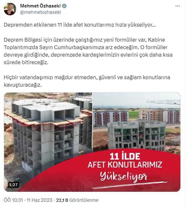 Çevre ve Şehircilik Bakanı Mehmet Özhaseki'den gururlandıran video! Deprem konutları hızla yükseliyor