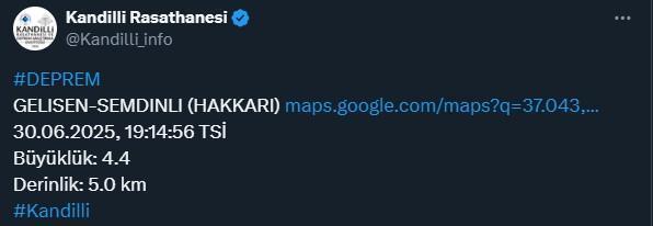 Hakkari'de 4.4 büyüklüğünde deprem