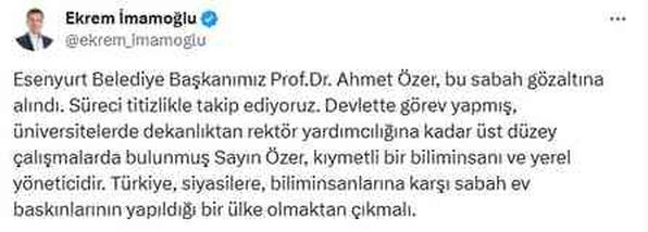 Ahmet Özer'in gözaltına alınmasına İmamoğlu'ndan ilk tepki