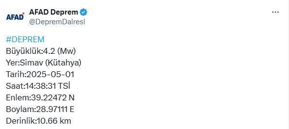 Kütahya Simav'da 4.2 büyüklüğünde deprem