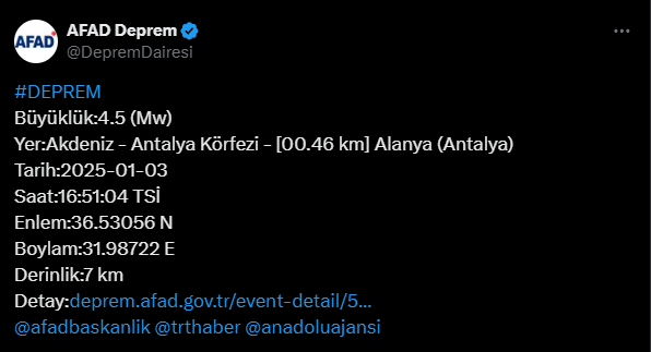 ANTALYA'DA DEPREM! Deprem mi oldu? Deprem nerede oldu, depremin büyüklüğü kaç?
