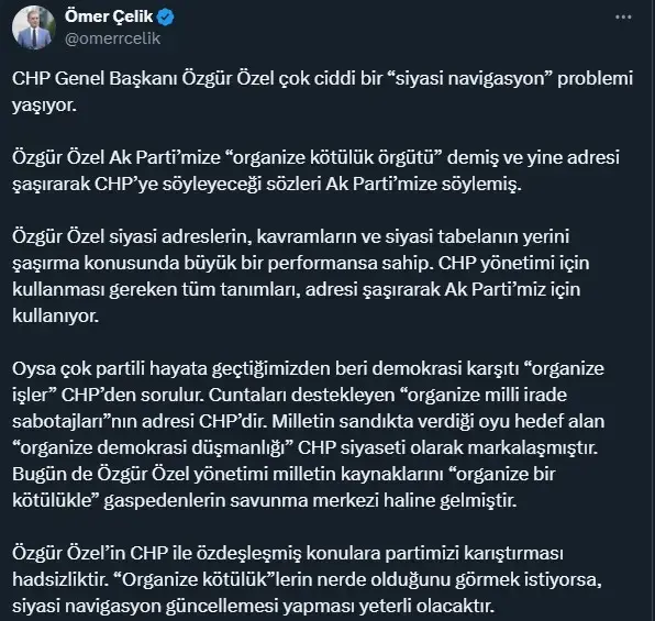 Ak Parti Sözcüsü Çelik'ten Özgür Özel'e sert yanıt: Siyasi navigasyon güncellemesi yapmalı