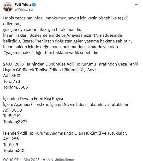 MHP'den 'hasta mahkumlar' için çağrı: İnfazı geri bırakılmalıdır
