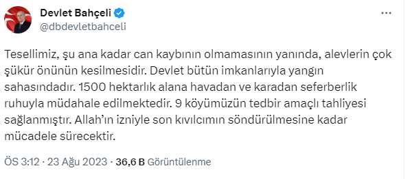 MHP Genel Başkanı Bahçeli: 'Bazı alçakların yangının imar rantı gayesiyle çıkarıldığını iddia etmeleri şerefsiz bir bühtandır'