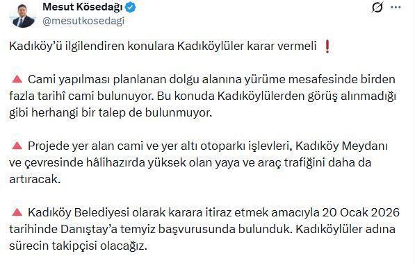 Kadıköy Belediye Başkanı Mesut Kösedağı, sahile yapılacak cami projeye karşı çıktı