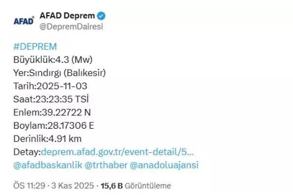 Balıkesir'de deprem mi oldu? SON DAKİKA! 4 Kasım Salı Balıkesir'de az önce nerede deprem oldu?