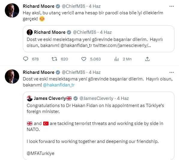 İngiltere Dış İstihbarat Servisi Başkanı, İbrahim Kalın'ı 'Bunun parodi bir Twitter hesabı olmadığına inanarak, MİT Başkanlığını tebrik ediyorum'dedi