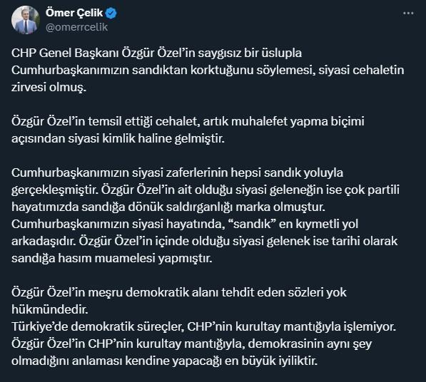 Ömer Çelik'ten Özel'in sözlerine sert yanıt: Demokratik alanı tehdit eden sözleri yok hükmündedir