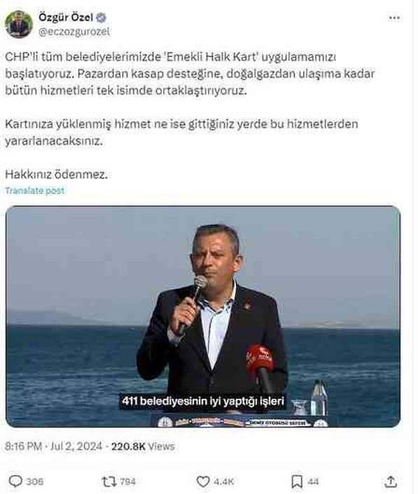 CHP lideri Özel: Yönettiğimiz tüm belediyelerde Emekli Halk Kart uygulamasını başlatıyoruz