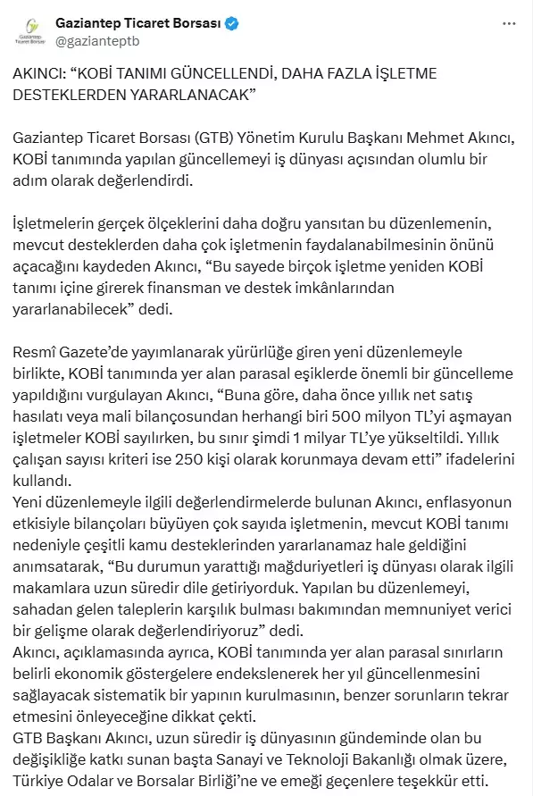 İş dünyası temsilcileri KOBİ'nin mali tanımında yapılan değişikliği memnuniyetle karşıladı