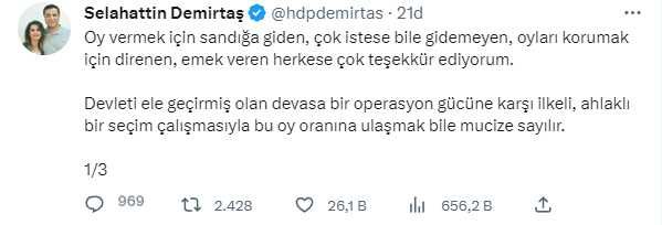 Cumhurbaşkanı Erdoğan'ın seçimi kazanması sonrası Demirtaş'tan art arda paylaşımlar
